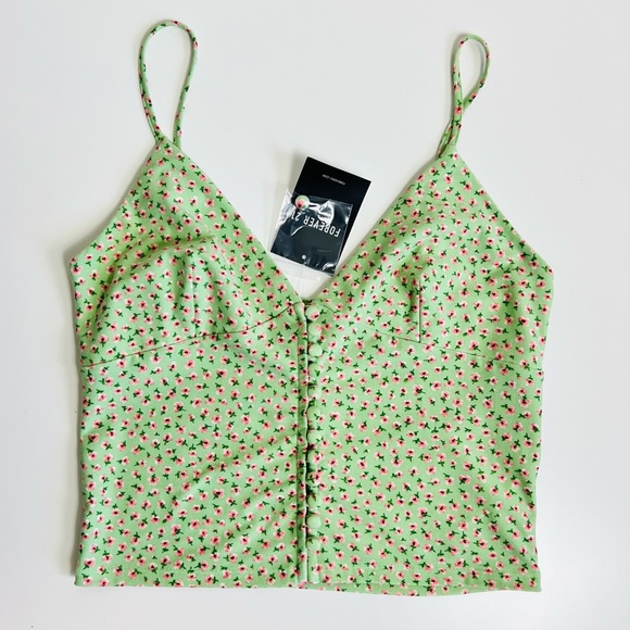 NWT Forever 21 Sage Green & Pink Floral Button Embellished Corset Crop Top - Picture 3 of 12